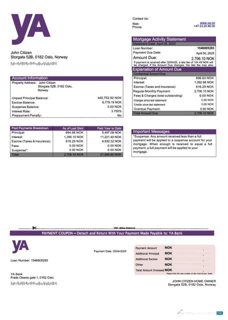 Download Norway yA Bank mortgage statement Word and PDF template Photoshop template